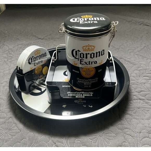 Corona Extra 4pc Set Tin Box Tray, Napkin Holder, Coasters & Storage Tin Barware - Picture 2 of 14